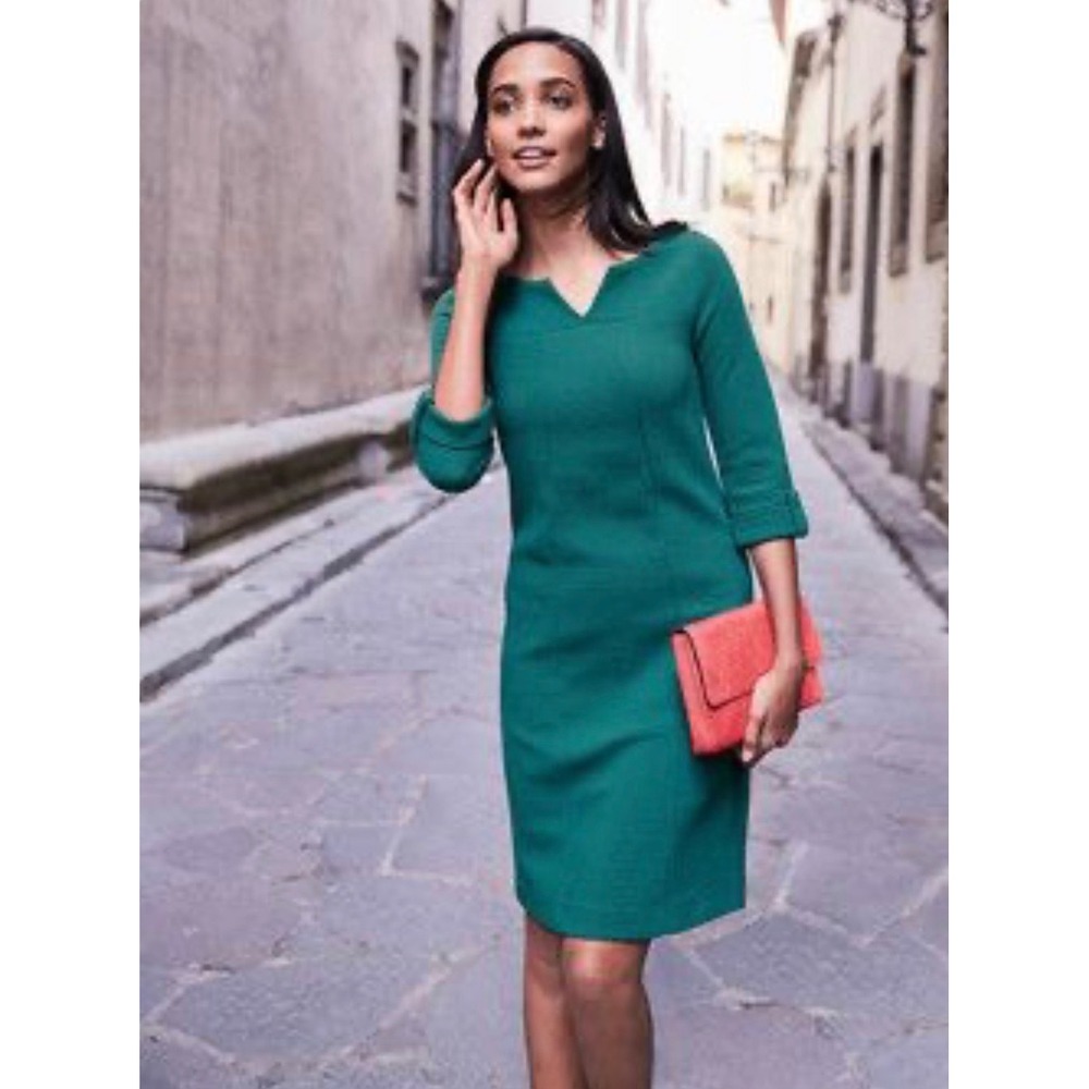 Boden Ottoman Shift Dress Green Notch Neck 3/4 Sleeve Women's 12 Large Stretch